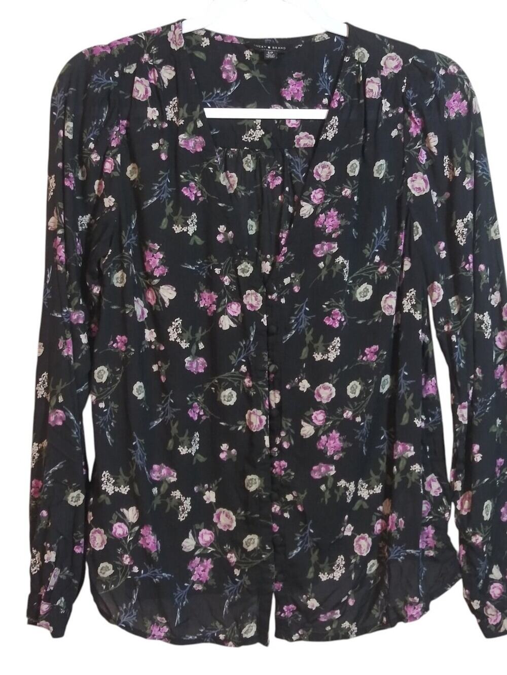 Lucky Brand Black Dark Floral Button-Front Blouse Pink and Cream Flowers Sz S